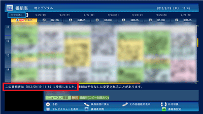 画面左下に「この番組表は（受信日時）に受信しました。」と表示されれば取得は完了しています