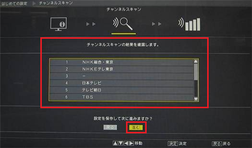 チャンネルスキャンの結果を確認し、「進む」を選んで「決定」ボタンを押します