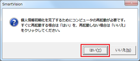 「個人情報初期化を完了するために…」というメッセージが表示されたら、「はい」をクリックして再起動します