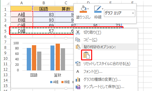 表に追加した行をコピーしてグラフエリア上で右クリックし、表示された一覧から「貼り付け」をクリックして、系列を追加することもできます