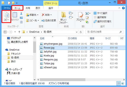 リボンから「ホーム」タブをクリックし、「クリップボード」グループの「コピー」をクリックします