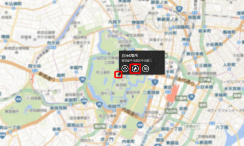 地図上に表示されている「自分の場所アイコン」をクリックし、「自分の場所」が表示されたら「お気に入りアイコン」をクリックします