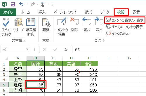 表示したいコメントが挿入されているセルをクリックして、リボンから「校閲」タブをクリックし、「コメント」グループの「コメントの表示/非表示」をクリックします