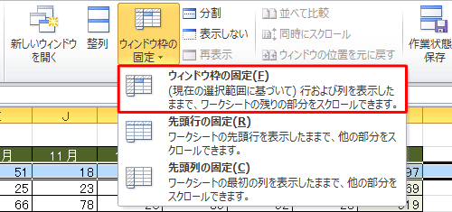 表示された一覧から、「ウィンドウ枠の固定」をクリックします