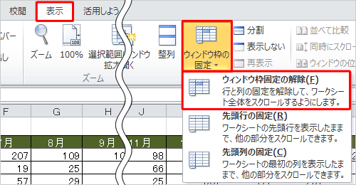 リボンから「表示」タブをクリックし、「ウィンドウ」グループの「ウィンドウ枠の固定」をクリックして表示された一覧から「ウィンドウ枠固定の解除」をクリックします