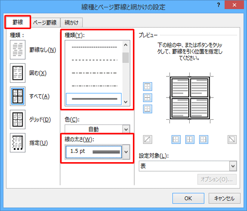 「罫線」タブをクリックし、「種類」「線の太さ」ボックスから、外枠の罫線に設定したい種類や線の太さをクリックします