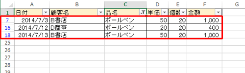 選択した値を含む行だけが表示されたことを確認してください