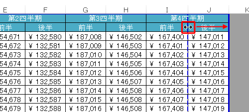 改ページの位置を変更するには、表示したいセルまで破線をドラッグします