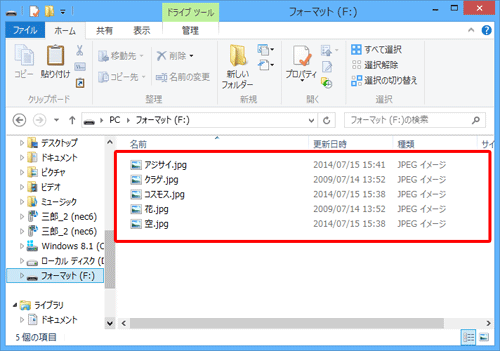 USBメモリに保存されているデータが表示されます