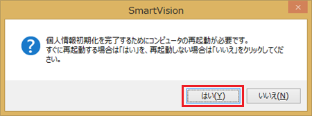 デスクトップ画面に「個人情報初期化を完了するためにコンピュータの再起動が必要です。…」というメッセージが表示されたら、「はい」をクリックして再起動します