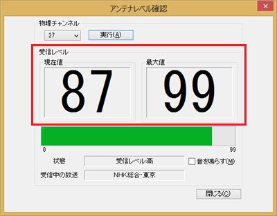「受信レベル」に受信状態（現在値と最大値）が表示されます