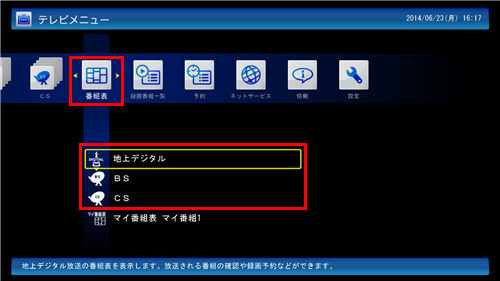 「番組表」から番組表を表示したい放送波をクリックします
