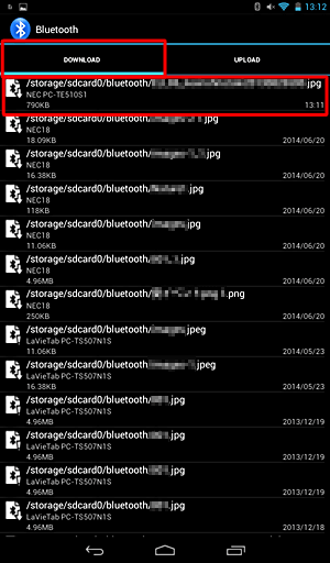 Bluetoothの履歴が表示されたら、「DOWNLOAD」の一覧から該当のファイルをタップします