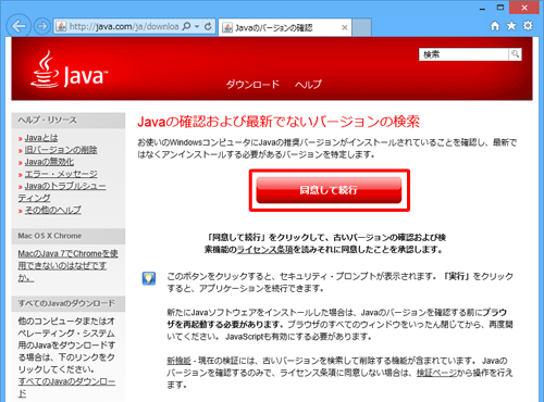 「同意して続行」をクリックすると、インストールされたJavaのバージョンを確認することができます