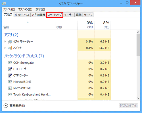 「スタートアップ」タブをクリックします