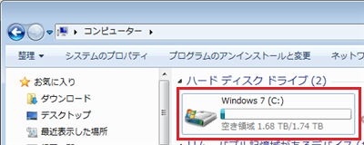 「ハードディスクドライブ」→「Windows 7（C:）」をダブルクリックします