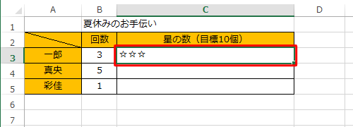 「C3」セルに、指定した文字列「☆」が繰り返し表示されます