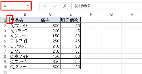 「名前ボックス」をクリックし、「A1」と入力し「Enter」キーで確定したら、再度「Enter」キーを押します