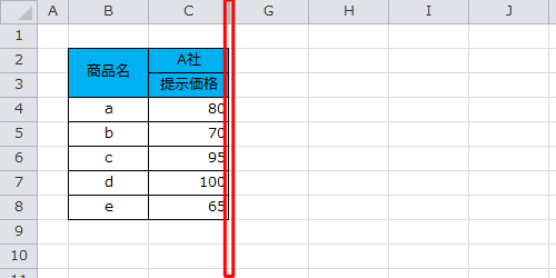 D～F列を非表示にします