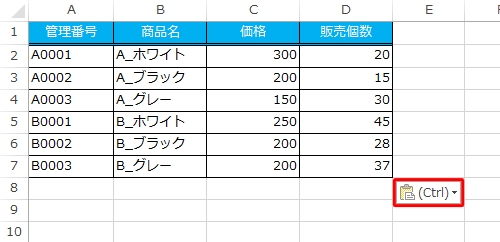 貼り付けオプションボタンが表示された状態