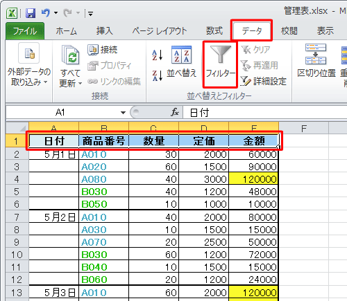 見出し行を範囲選択したら、リボンから「データ」タブをクリックし、「並べ替えとフィルター」グループの「フィルター」をクリックします