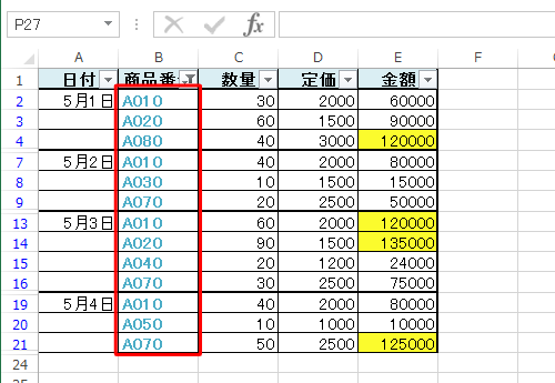 「商品番号」の列のフォントが水色のデータが抽出できます