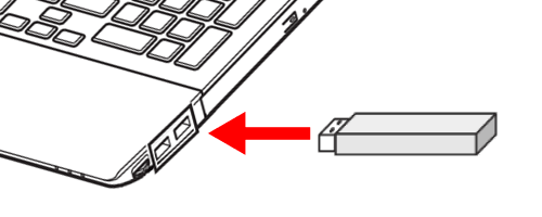 パソコンを起動した状態で、本体のUSBコネクタに、USBメモリを差し込みます