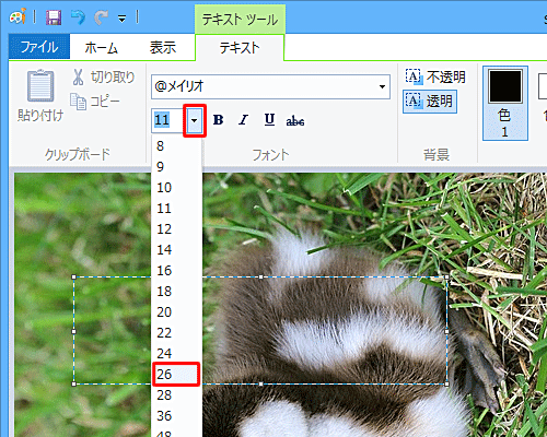 「フォントサイズ」ボックスの「▼」をクリックし、表示された一覧から文字サイズをクリックします