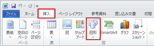 リボンから「挿入」タブをクリックし、「図」グループの「図形」をクリックします
