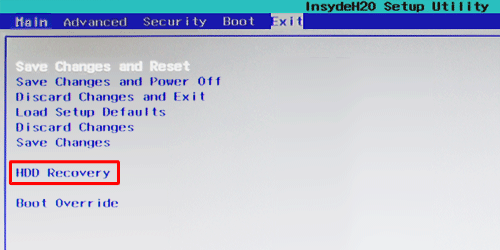 矢印キー「↓」で「HDD Recovery（HDDリカバリー）」を選択し「Enter」キーを押します