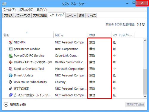 表示されているすべての項目を「無効」にして、「閉じる」をクリックします