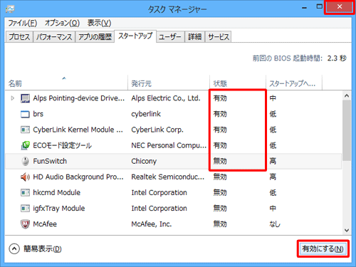 上から順に5項目を有効にして、「閉じる」をクリックします