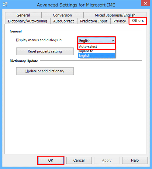 「Others」タブをクリックし、「Display menus and dialogs in:」ボックスから「Auto-select」をクリックし、「OK」をクリックします