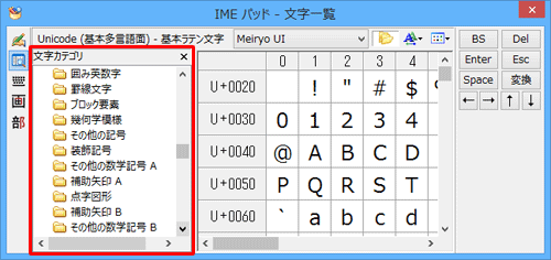 「文字カテゴリ」ボックスから任意のカテゴリをクリックします
