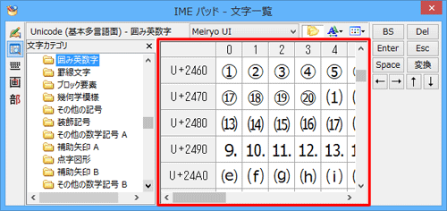 右側に選択したカテゴリの文字一覧が表示されるので、任意の文字をクリックします