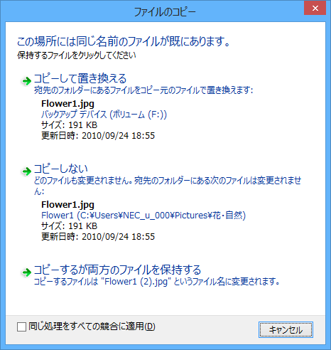 「ファイルのコピー」が表示された場合は、復元先に同じ名前のファイルが存在しているため、任意の項目をクリックします