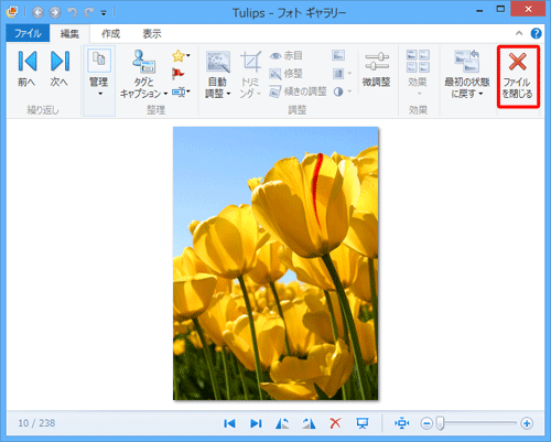 画像を好みの方向に回転できたら、リボンから「編集」タブをクリックし、「ファイルを閉じる」をクリックします