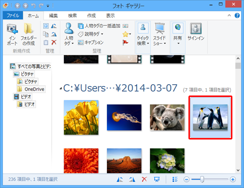 フォトギャラリーを起動し、トリミングする画像をダブルクリックします