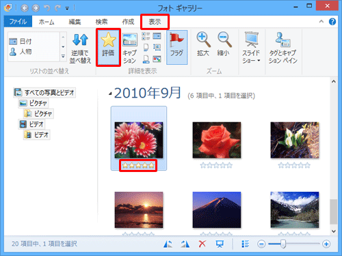 リボンから「表示」をクリックし、「詳細を表示」グループから「評価」をクリックして、写真の下部に指定した星の数が表示されていることを確認します