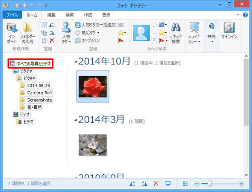 フォトギャラリーを起動して、画面左側から表示を絞り込みたいフォルダーをクリックします