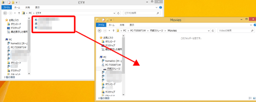 パソコンのフォルダーから、タブレットに取り込みたい動画ファイルを選択し、タブレットのフォルダーにドラッグしてコピーします
