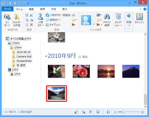 フォトギャラリーを起動して、写真の一覧から白黒にしたい写真をダブルクリックします