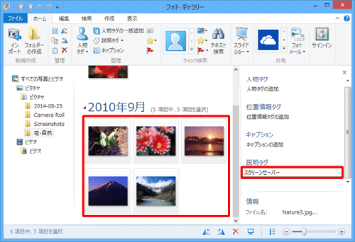 フォトギャラリーを起動し、スクリーンセーバーで表示したい写真に共通の説明タグを追加します