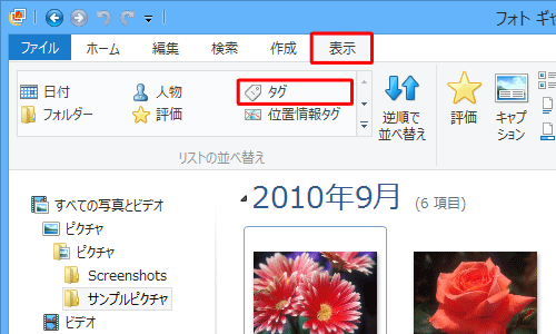リボンから「表示」タブをクリックして、「リストの並べ替え」グループから、「タグ」または「評価」をクリックします