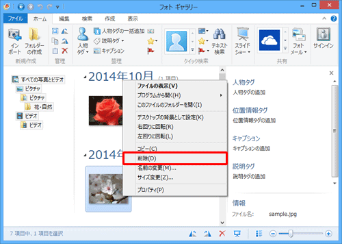 追加したファイルの表示を消したい場合は、フォトギャラリーの一覧から目的のファイルを右クリックして、表示された一覧から「削除」をクリックします