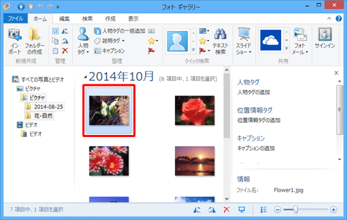 フォトギャラリーを起動し、写真の一覧からメールに添付したいファイルをクリックします