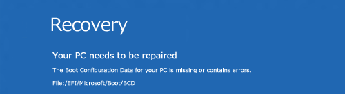 Recovery画面に「Your PC needs to be repaired」と英文のエラーメッセージが表示されている場合