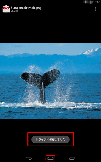 画面下部に「ドライブに保存しました」と表示されるのを確認したら、画面下部の「ホームボタン」をタップします