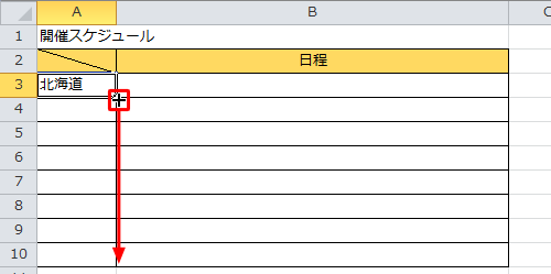セル右下の「■」にマウスポインターを合わせ、マウスポインターの形が「＋」に変わったら、下方向にドラッグします