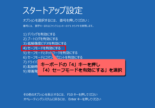 キーボードの「4」キーを押し、「4）セーフモードを有効にする」を選択します